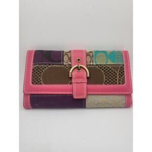 Coach Full Wallet Buckle Lock Multi-Color Fabric Pink Leather Interior & Trim